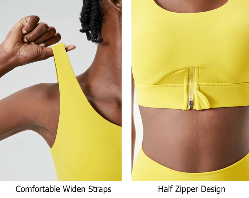 Yellow yoga fitness bra featuring comfortable wide straps and half zipper design for breathable, flexible workouts.